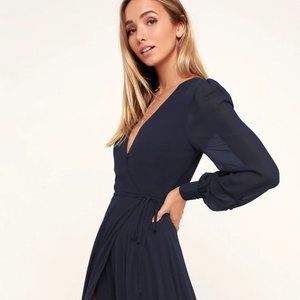 Navy Blue Long Sleeve Wrap Maxi Dress